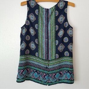 Cynthia Rowley Navy‎ Print Boho Button Back Sleeveless Blouse Women’s Small EUC